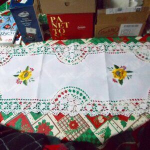 White and floral linen table runner